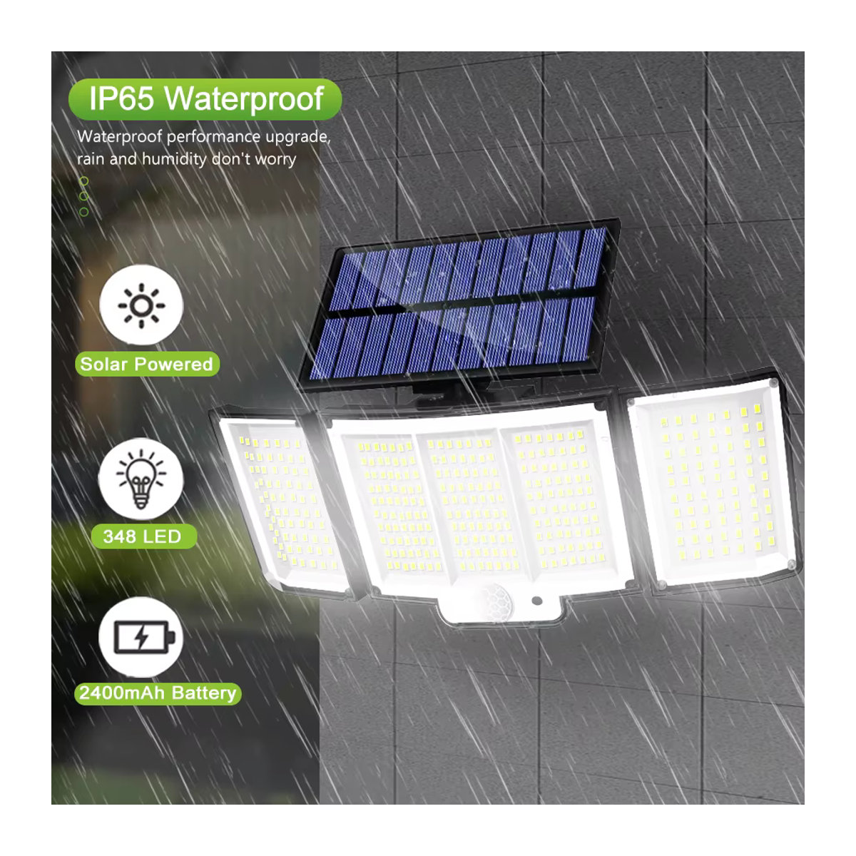 Solar Außenstrahler mit 348 LED und 3 Köpfen, wasserdichter Solar-Flutlicht mit Bewegungssensor in Schwarz - Bild 2
