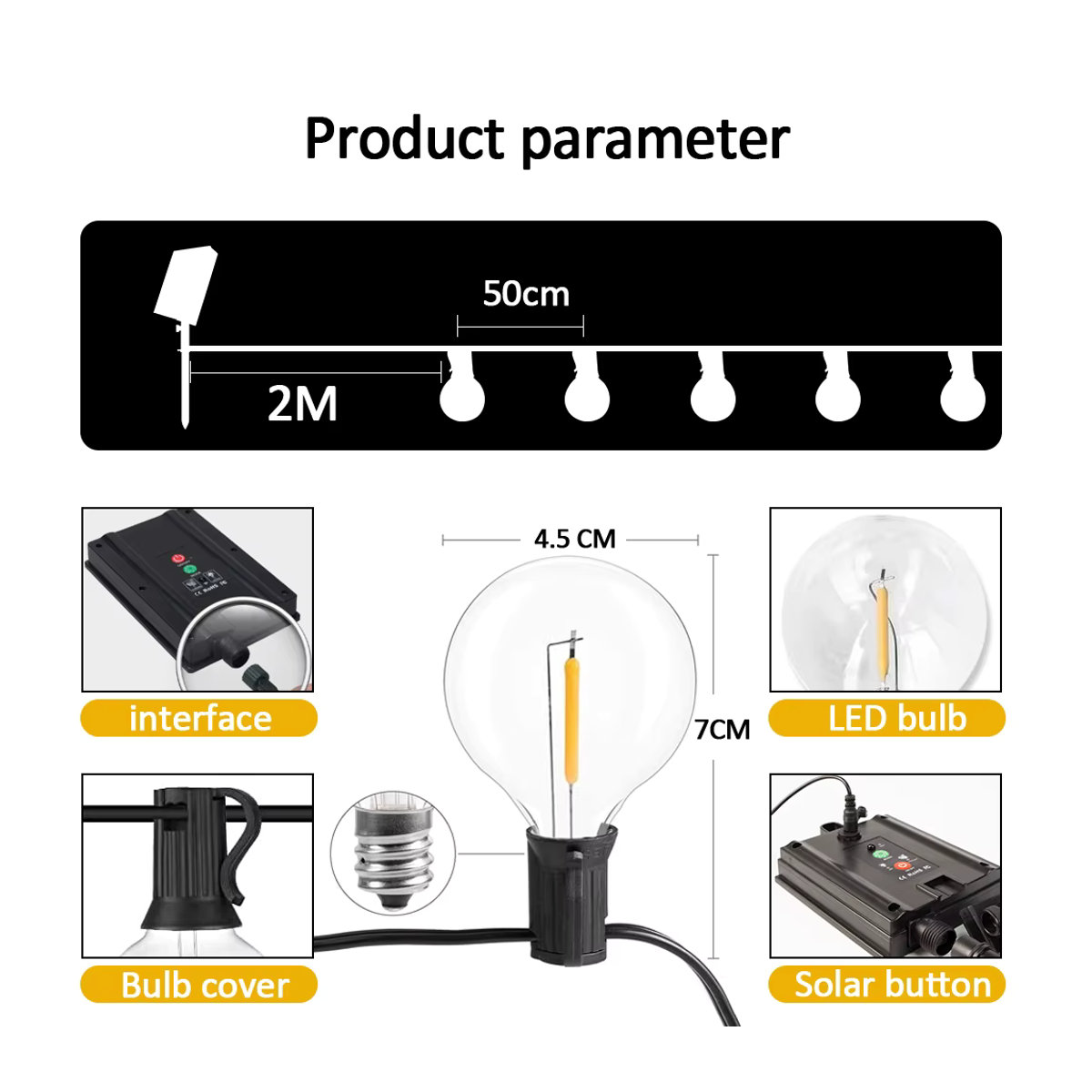 Solar-Lichterkette G40 mit 30 LED Kugeln aus Glas in Schwarz, 12 m wetterfeste Retro-Hängeleuchten für den Außenbereich, solarbetrieben und USB-betrieben - Bild 4