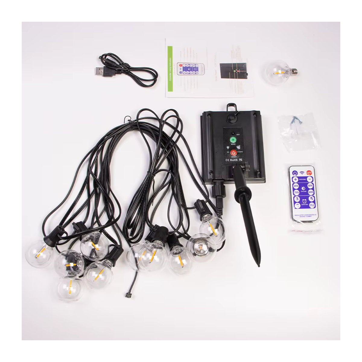 Solar-Lichterkette G40 mit 30 LED Kugeln aus Glas in Schwarz, 12 m wetterfeste Retro-Hängeleuchten für den Außenbereich, solarbetrieben und USB-betrieben - Bild 6