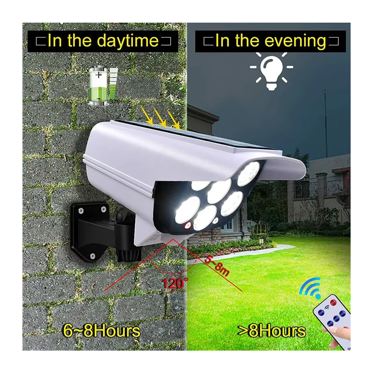 Solar Outdoor Flutlicht mit Motion Sensor und 77 LED als Sicherheits-Dummy Kamera, IP65 Wasserdicht, Drahtlos mit 3 Modi für Haus und Garten - Bild 4