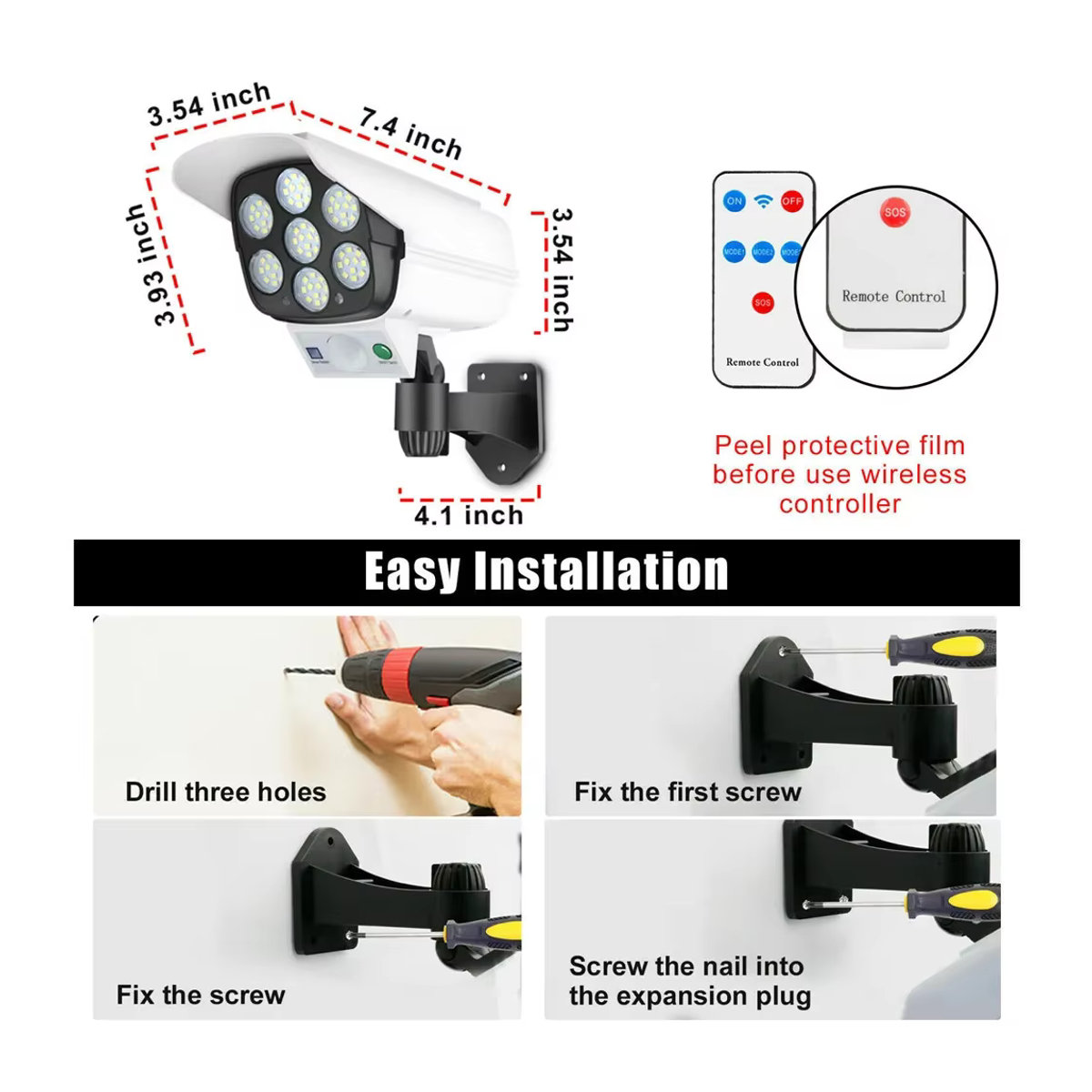 Solar Outdoor Flutlicht mit Motion Sensor und 77 LED als Sicherheits-Dummy Kamera, IP65 Wasserdicht, Drahtlos mit 3 Modi für Haus und Garten - Bild 6
