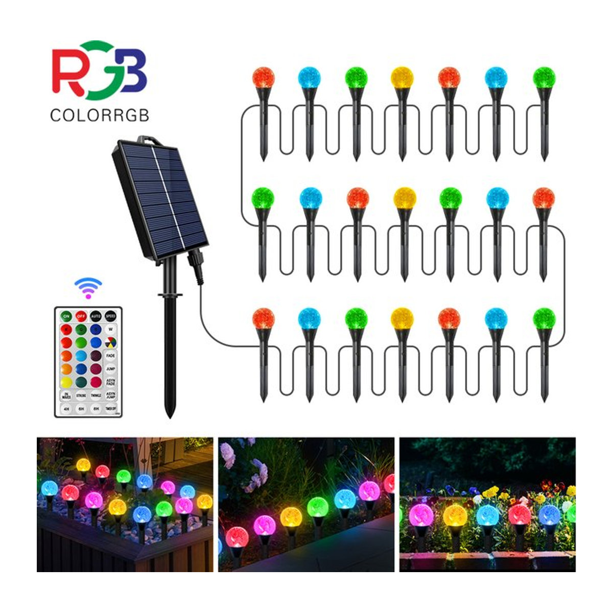 Solar Rasenleuchten mit 50 LED als mehrfarbige Globus Ball Lichterkette, wasserdichte Solarleuchten mit Fernbedienung und Timer, bunt - Bild 1