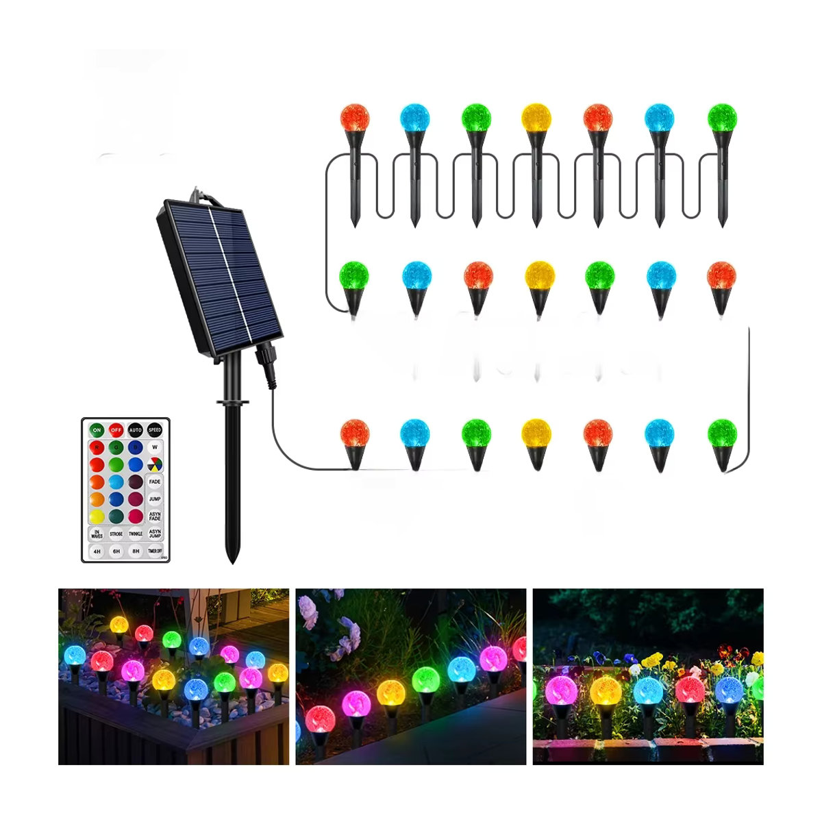 Solar Rasenleuchten mit 50 LED als mehrfarbige Globus Ball Lichterkette, wasserdichte Solarleuchten mit Fernbedienung und Timer, bunt - Bild 6