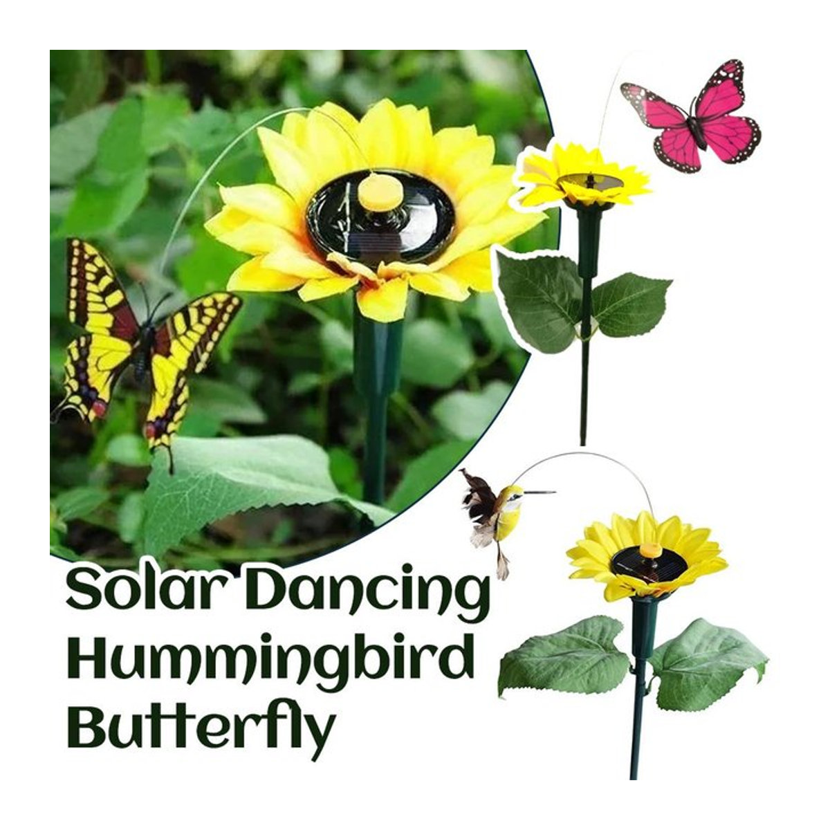 Solarbetriebene Garten-Dekoration mit flatternden Schmetterlingen und Kolibris auf Sonnenblumen für den Außenbereich - Bild 1
