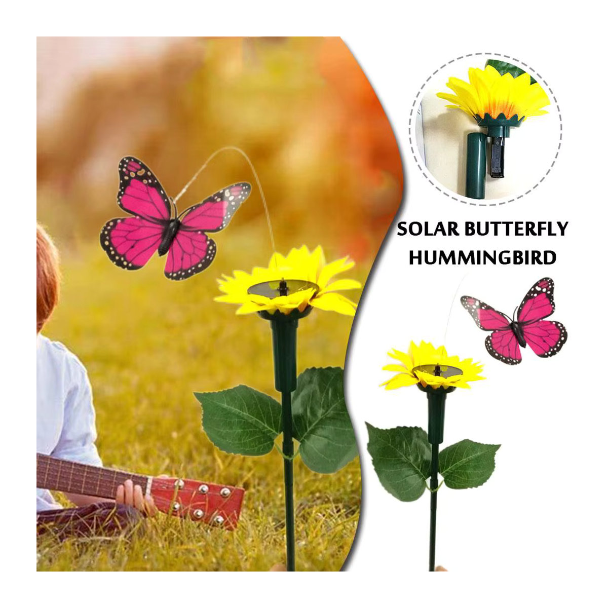 Solarbetriebene Garten-Dekoration mit flatternden Schmetterlingen und Kolibris auf Sonnenblumen für den Außenbereich - Bild 2