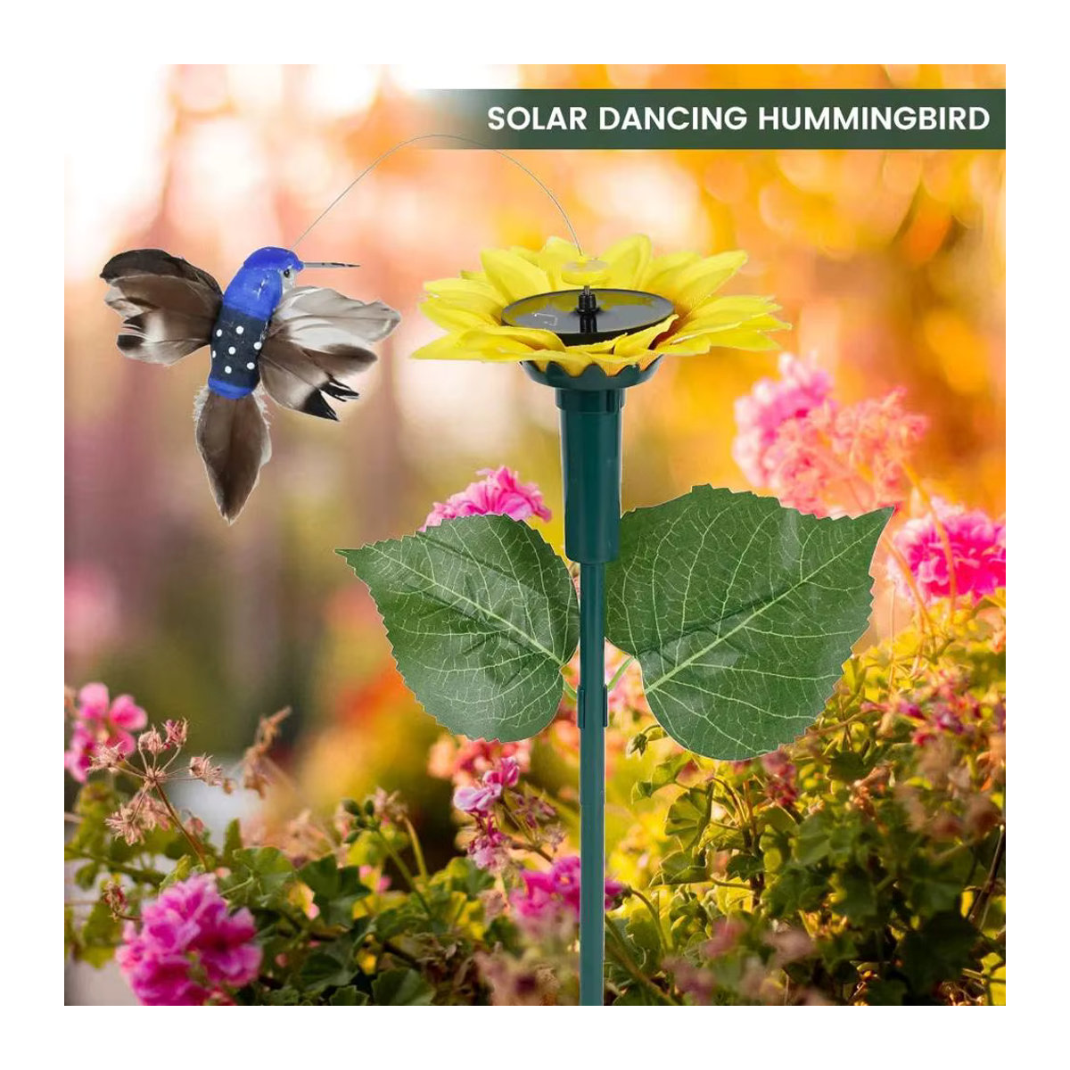 Solarbetriebene Garten-Dekoration mit flatternden Schmetterlingen und Kolibris auf Sonnenblumen für den Außenbereich - Bild 4