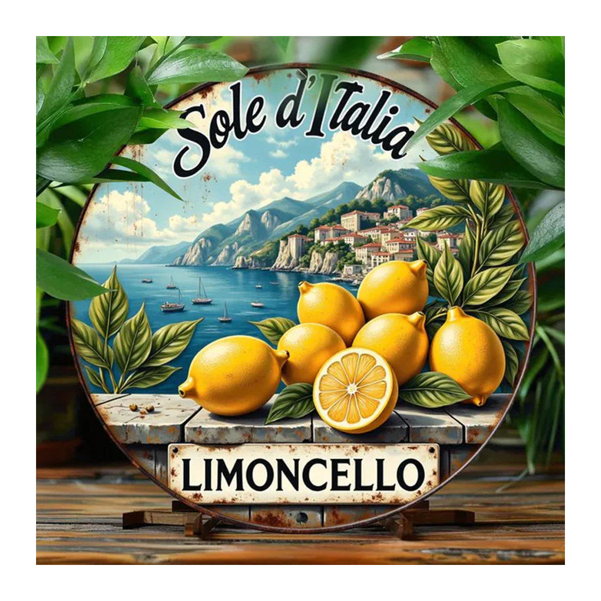 Sole d'Italia Vintage Limoncello Rundes Blechschild aus Metall mit Zitronen-Motiv, Mehrfarbige Wanddekoration im Retro-Stil - Bild 1