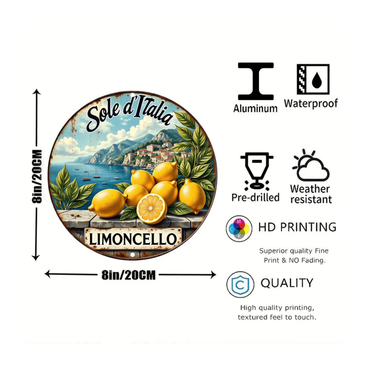 Sole d'Italia Vintage Limoncello Rundes Blechschild aus Metall mit Zitronen-Motiv, Mehrfarbige Wanddekoration im Retro-Stil - Bild 2