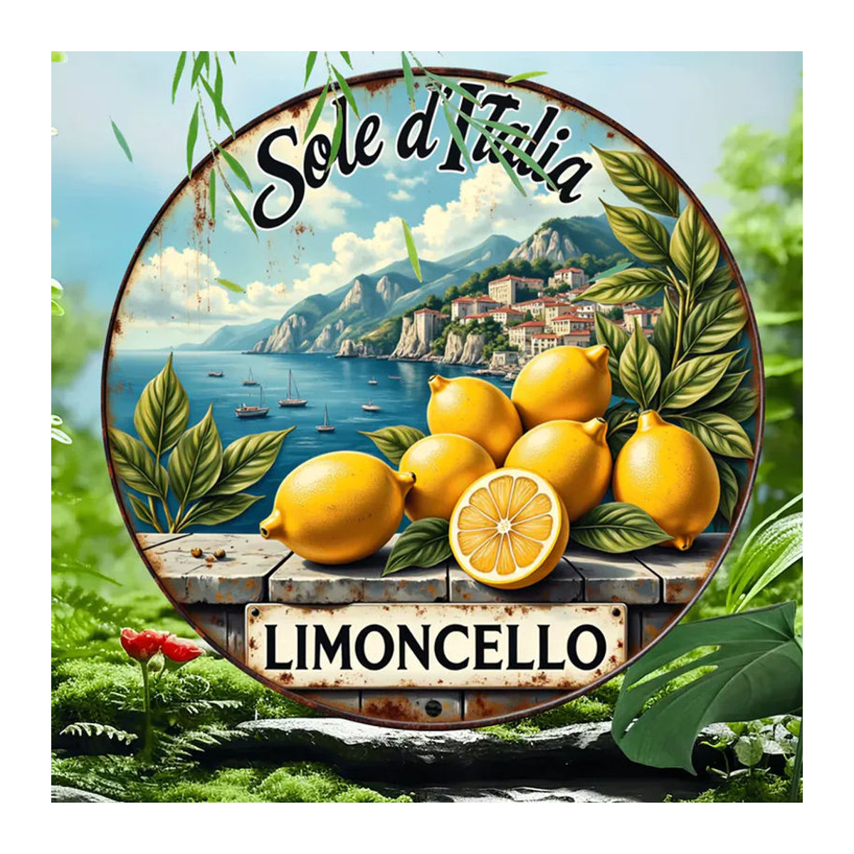 Sole d'Italia Vintage Limoncello Rundes Blechschild aus Metall mit Zitronen-Motiv, Mehrfarbige Wanddekoration im Retro-Stil - Bild 3