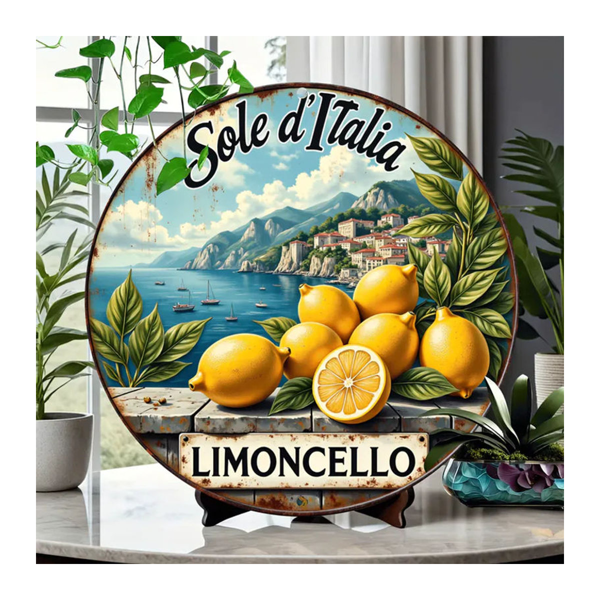 Sole d'Italia Vintage Limoncello Rundes Blechschild aus Metall mit Zitronen-Motiv, Mehrfarbige Wanddekoration im Retro-Stil - Bild 5