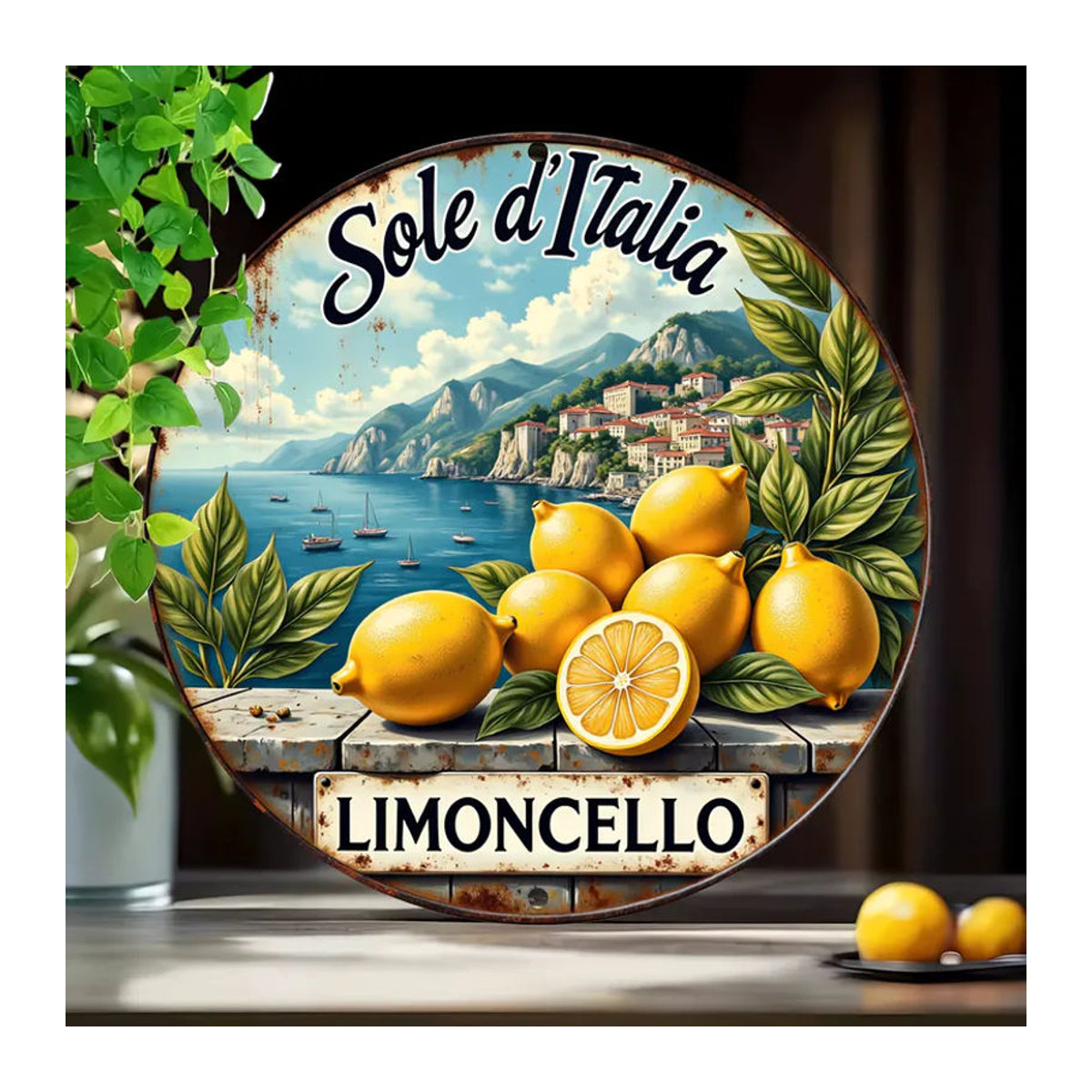 Sole d'Italia Vintage Limoncello Rundes Blechschild aus Metall mit Zitronen-Motiv, Mehrfarbige Wanddekoration im Retro-Stil - Bild 6