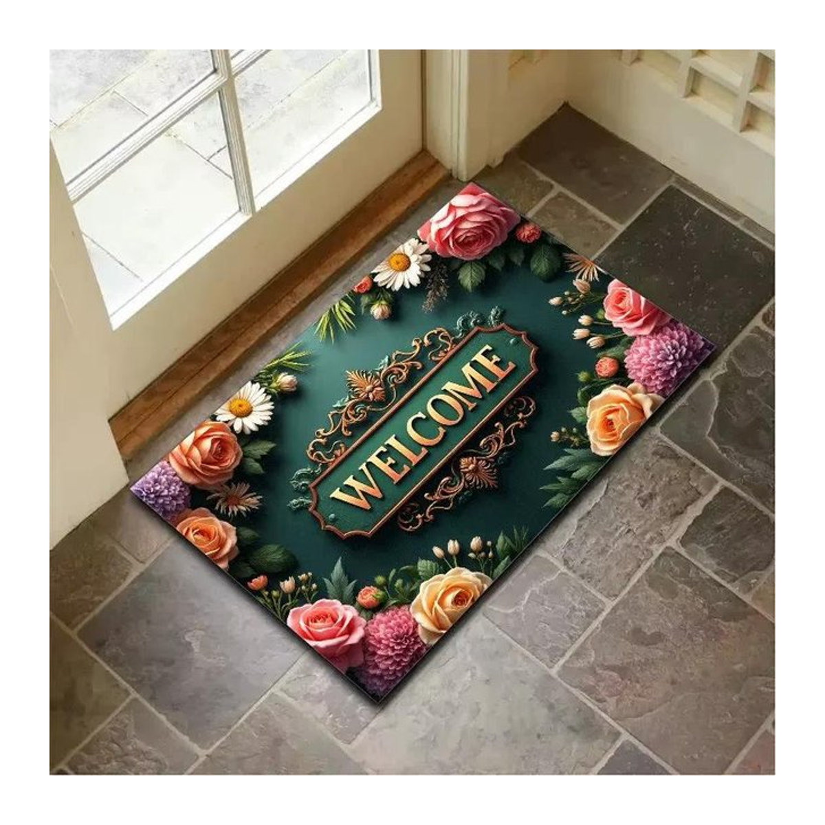 Sommer Retro Fußmatte mit Blumenmuster in Multicolor, Anti-Rutsch Teppich für Innen und Außen, B/T: 50 x 30 cm - Bild 1