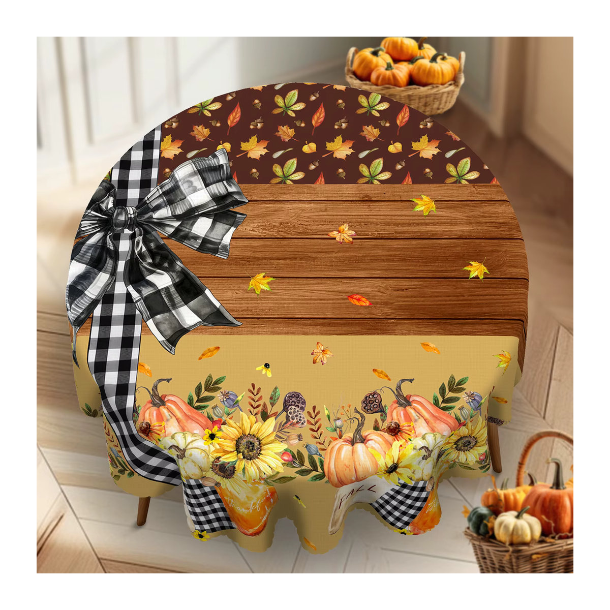 Sonbst Herbstliche Tischdecke mit Sonnenblumen- und Kürbis-Streifenmuster für Thanksgiving und Gartenpartys - Bild 2