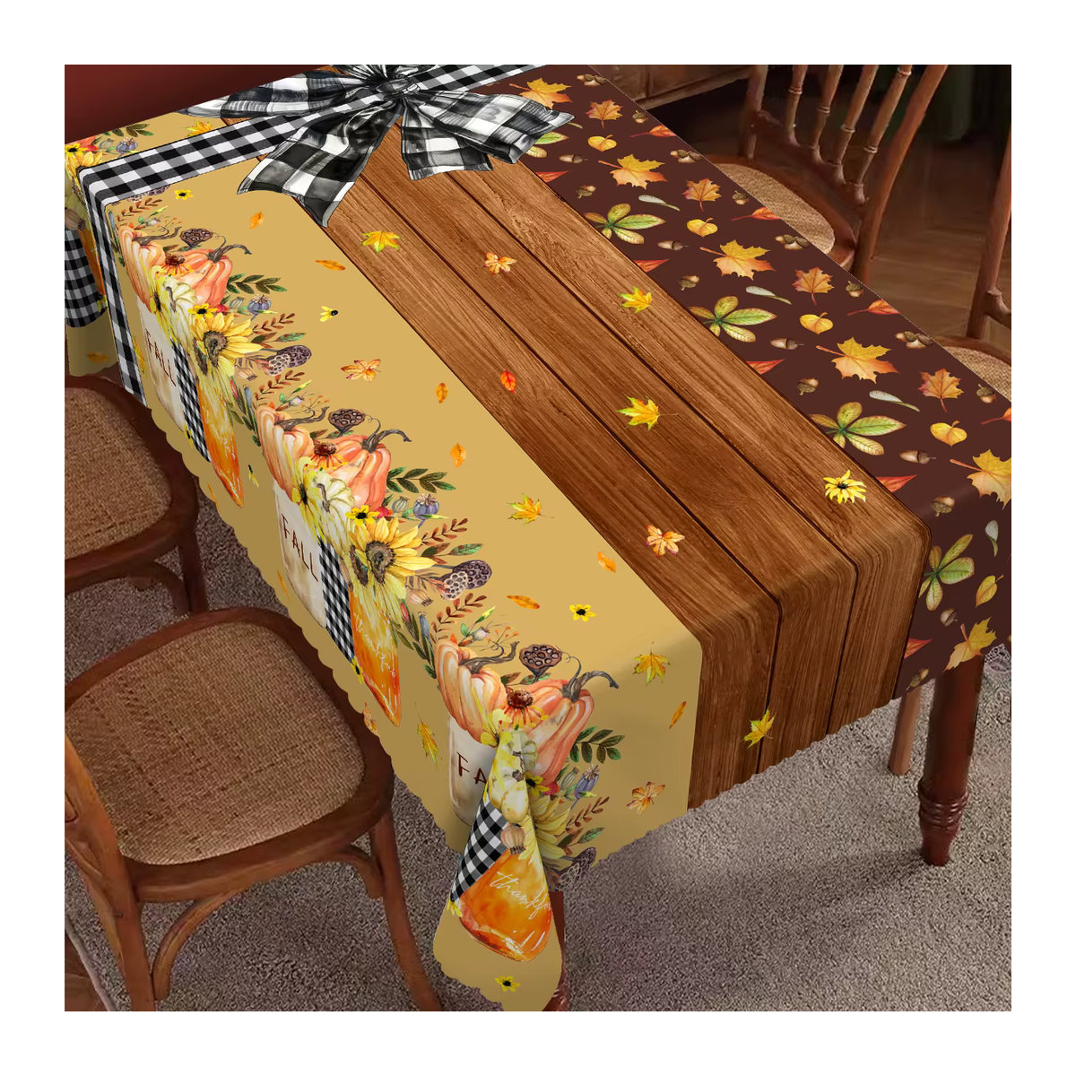 Sonbst Herbstliche Tischdecke mit Sonnenblumen- und Kürbis-Streifenmuster für Thanksgiving und Gartenpartys - Bild 3