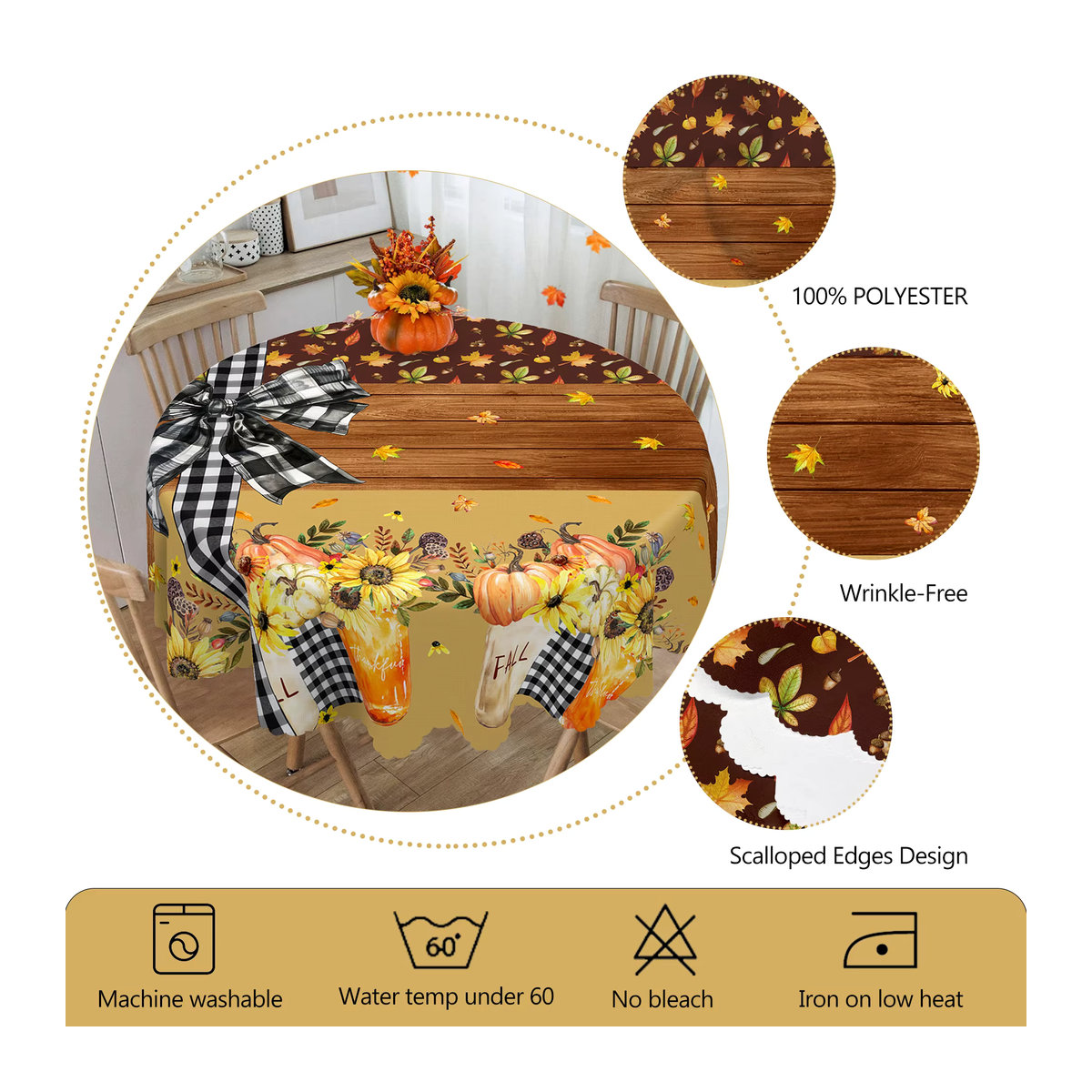Sonbst Herbstliche Tischdecke mit Sonnenblumen- und Kürbis-Streifenmuster für Thanksgiving und Gartenpartys - Bild 5