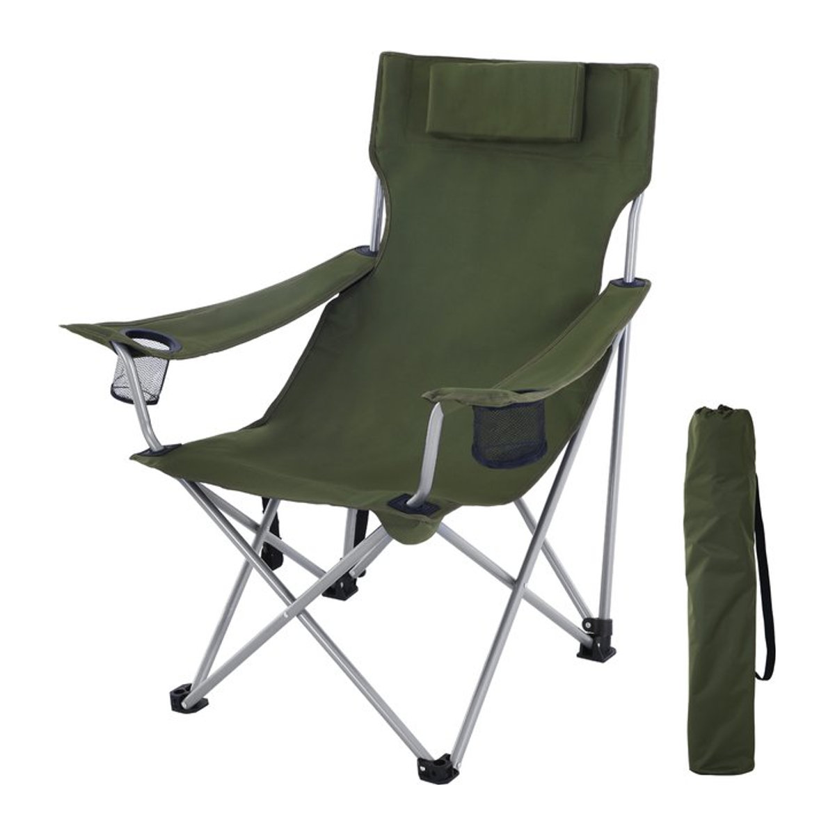 SONGMICS Campingstuhl Klappstuhl mit Armlehnen, Kopfstütze und Getränkehalter in Schwarz oder Grün - Bild 1
