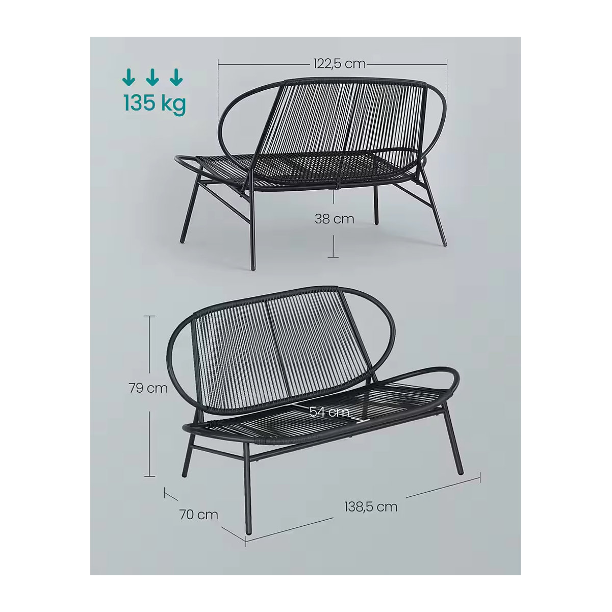 SONGMICS Gartenbank 2-Sitzer aus PE-Rattan in Tintenschwarz für Garten, Terrasse und Balkon - Bild 3