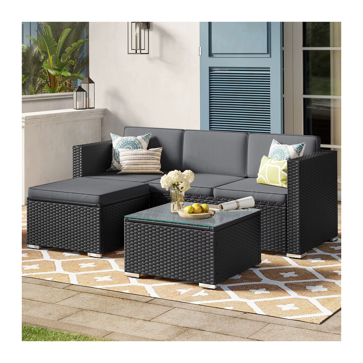 SONGMICS Gartenlounge-Set aus Polyrattan in Anthrazit, 5-teiliges Loungemöbel-Set mit Ecksofa, Hocker, Couchtisch und 7 Kissen im modernen Design - Bild 3