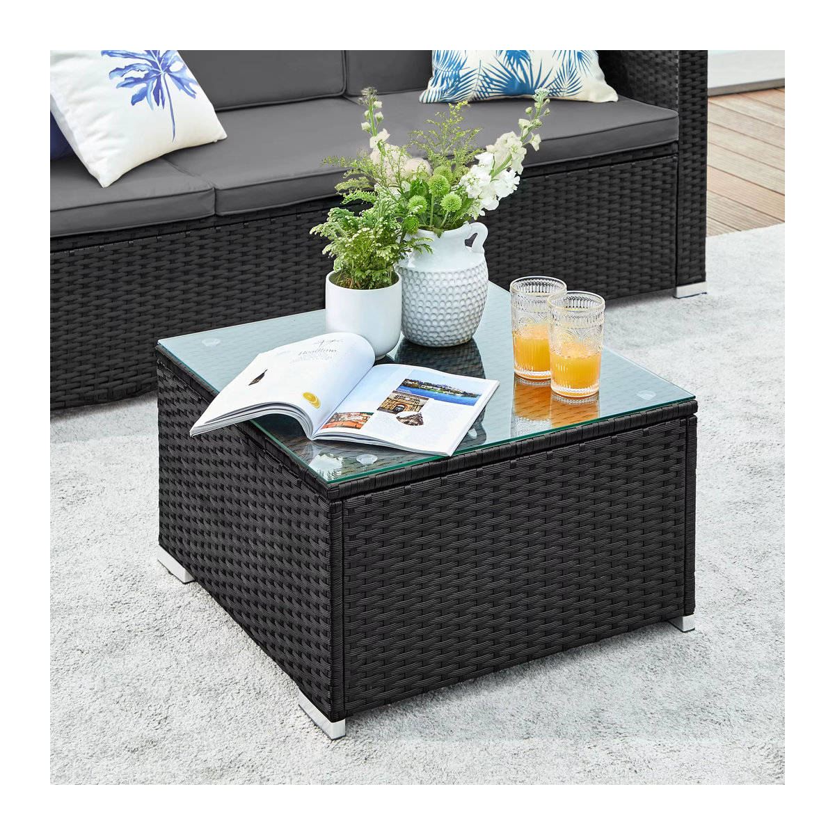 SONGMICS Gartenlounge-Set aus Polyrattan in Anthrazit, 5-teiliges Loungemöbel-Set mit Ecksofa, Hocker, Couchtisch und 7 Kissen im modernen Design - Bild 4