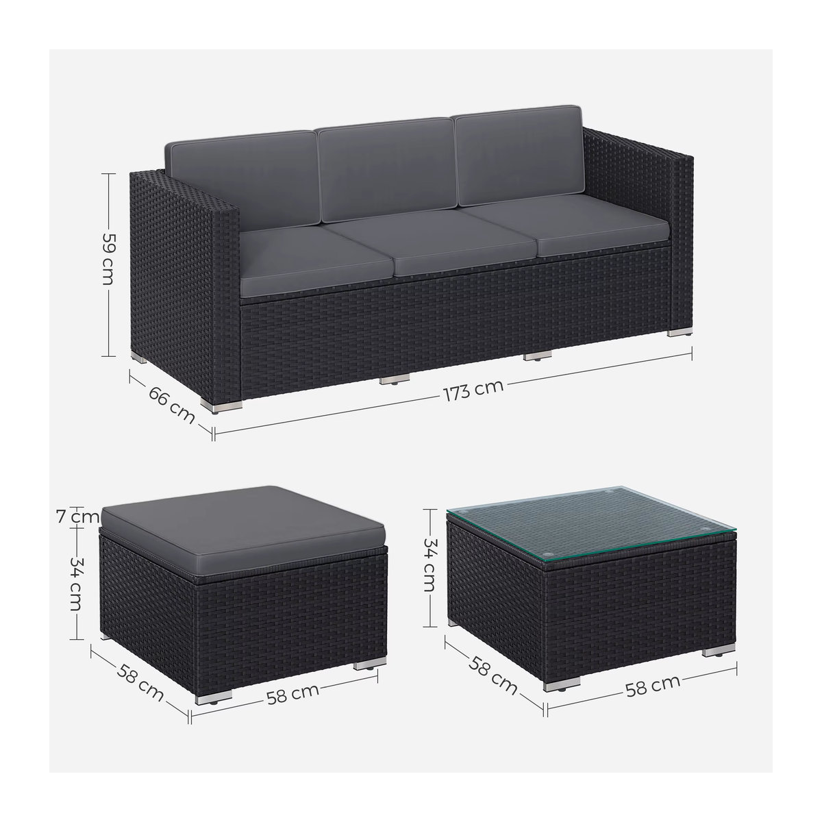 SONGMICS Gartenlounge-Set aus Polyrattan in Anthrazit, 5-teiliges Loungemöbel-Set mit Ecksofa, Hocker, Couchtisch und 7 Kissen im modernen Design - Bild 5