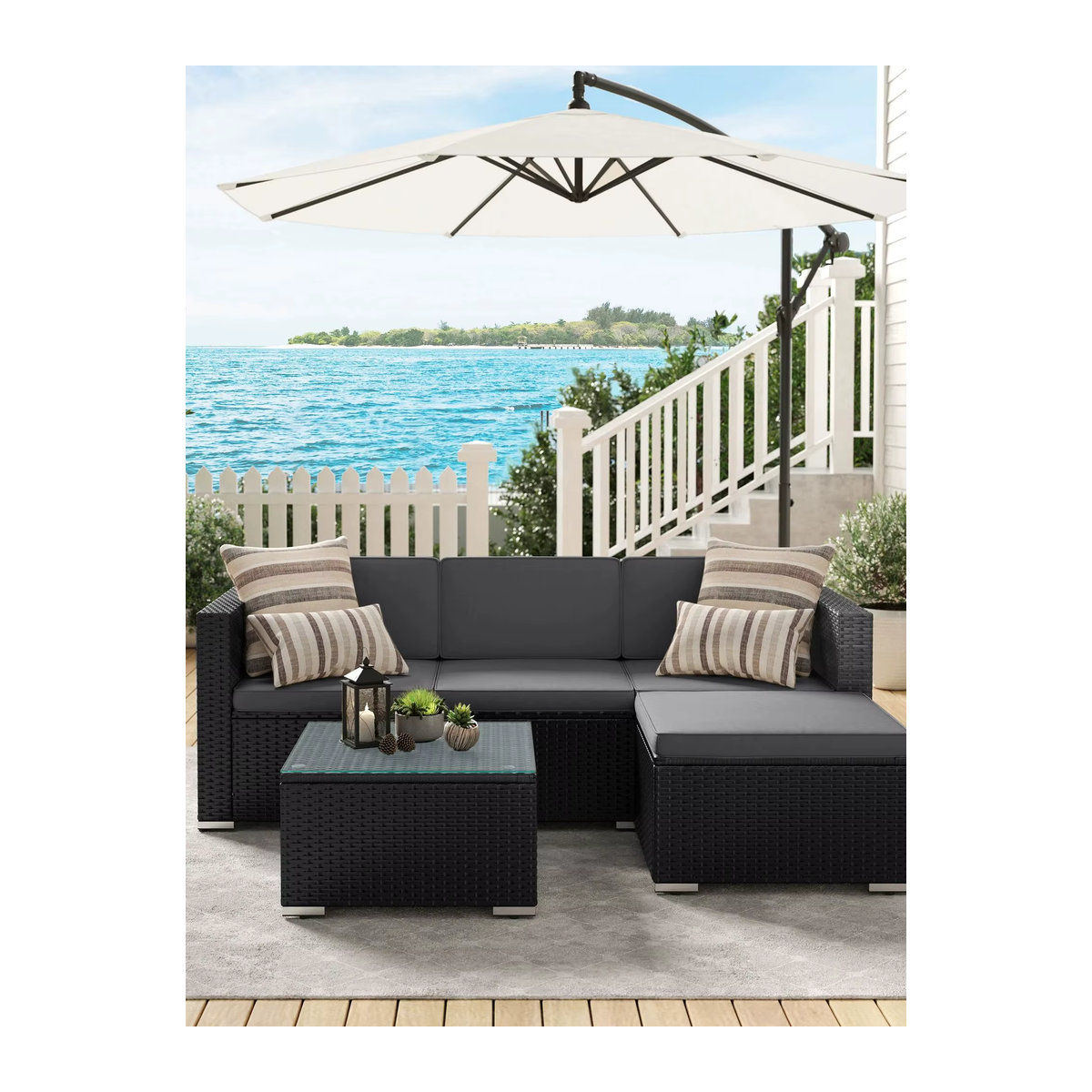 SONGMICS Gartenlounge-Set aus Polyrattan in Anthrazit, 5-teiliges Loungemöbel-Set mit Ecksofa, Hocker, Couchtisch und 7 Kissen im modernen Design - Bild 6