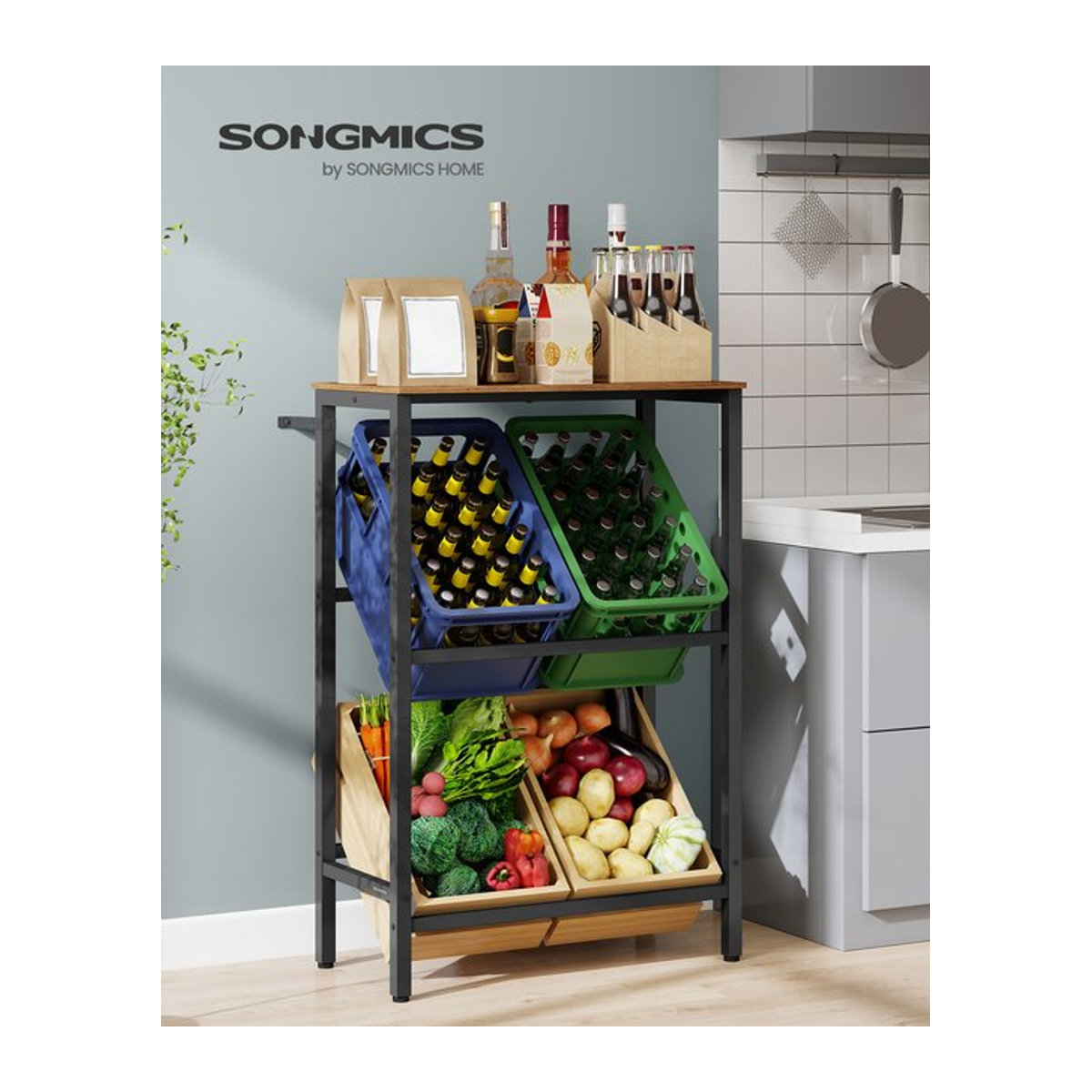 SONGMICS Getränkekistenregal aus Metall in Schwarz im Industrial Design, 2 Ebenen für 4 Kisten, belastbar bis 150 kg pro Ebene - Bild 1