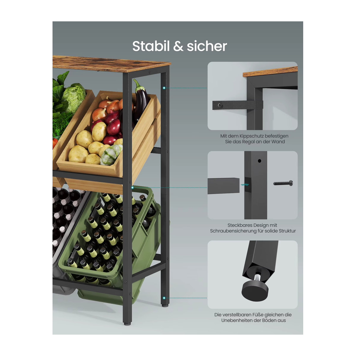 SONGMICS Getränkekistenregal aus Metall in Schwarz im Industrial Design, 2 Ebenen für 4 Kisten, belastbar bis 150 kg pro Ebene - Bild 6