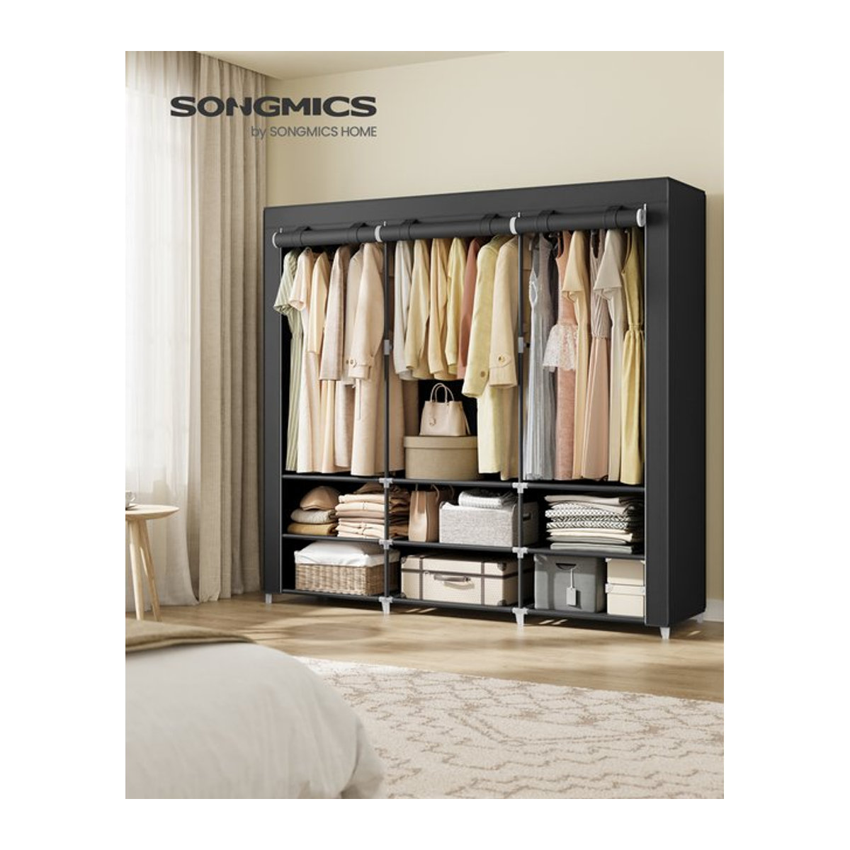 SONGMICS Kleiderschrank aus Stoff in Schwarz mit 3 Hängeregalen und 4 Seitentaschen, minimalistisches Design, B/T/H: 45 x 45 x 176 cm - Bild 1