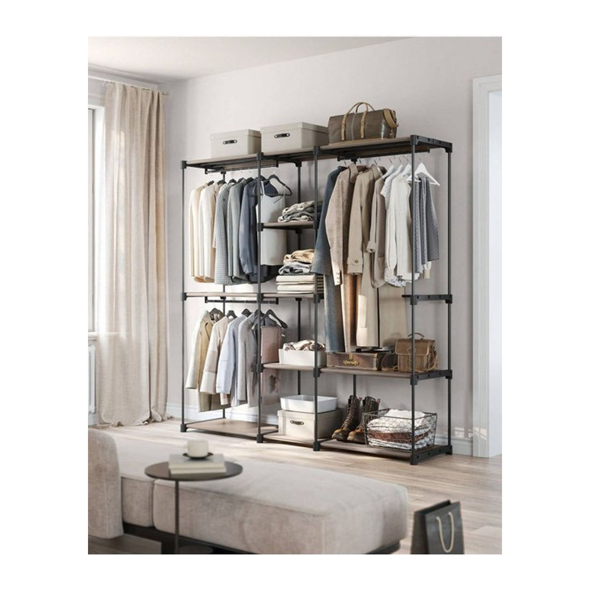 SONGMICS Kleiderständer im Industrial Design als offener Kleiderschrank mit 4 Hängefächern in Schwarz und Dunkelkhaki - Bild 1
