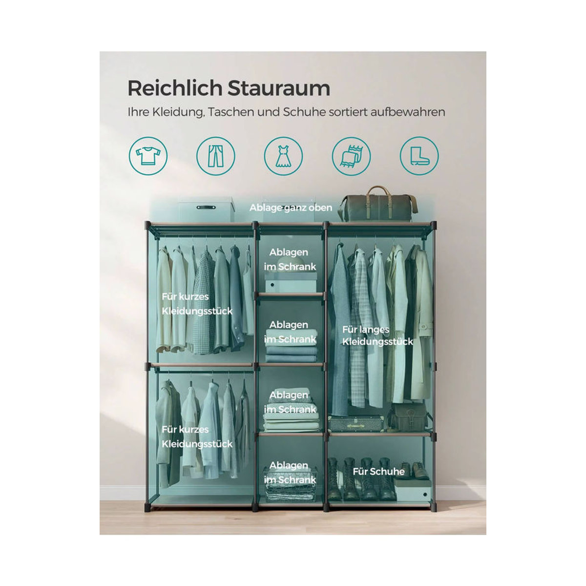 SONGMICS Kleiderständer im Industrial Design als offener Kleiderschrank mit 4 Hängefächern in Schwarz und Dunkelkhaki - Bild 2