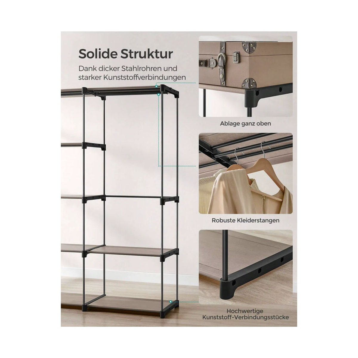 SONGMICS Kleiderständer im Industrial Design als offener Kleiderschrank mit 4 Hängefächern in Schwarz und Dunkelkhaki - Bild 3