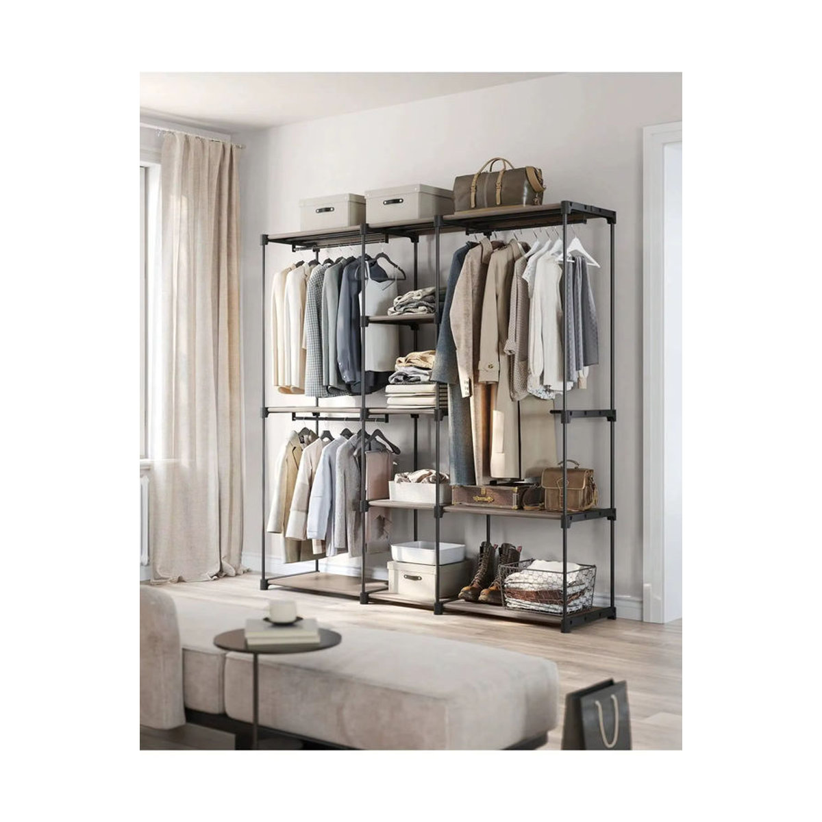 SONGMICS Kleiderständer im Industrial Design als offener Kleiderschrank mit 4 Hängefächern in Schwarz und Dunkelkhaki - Bild 4