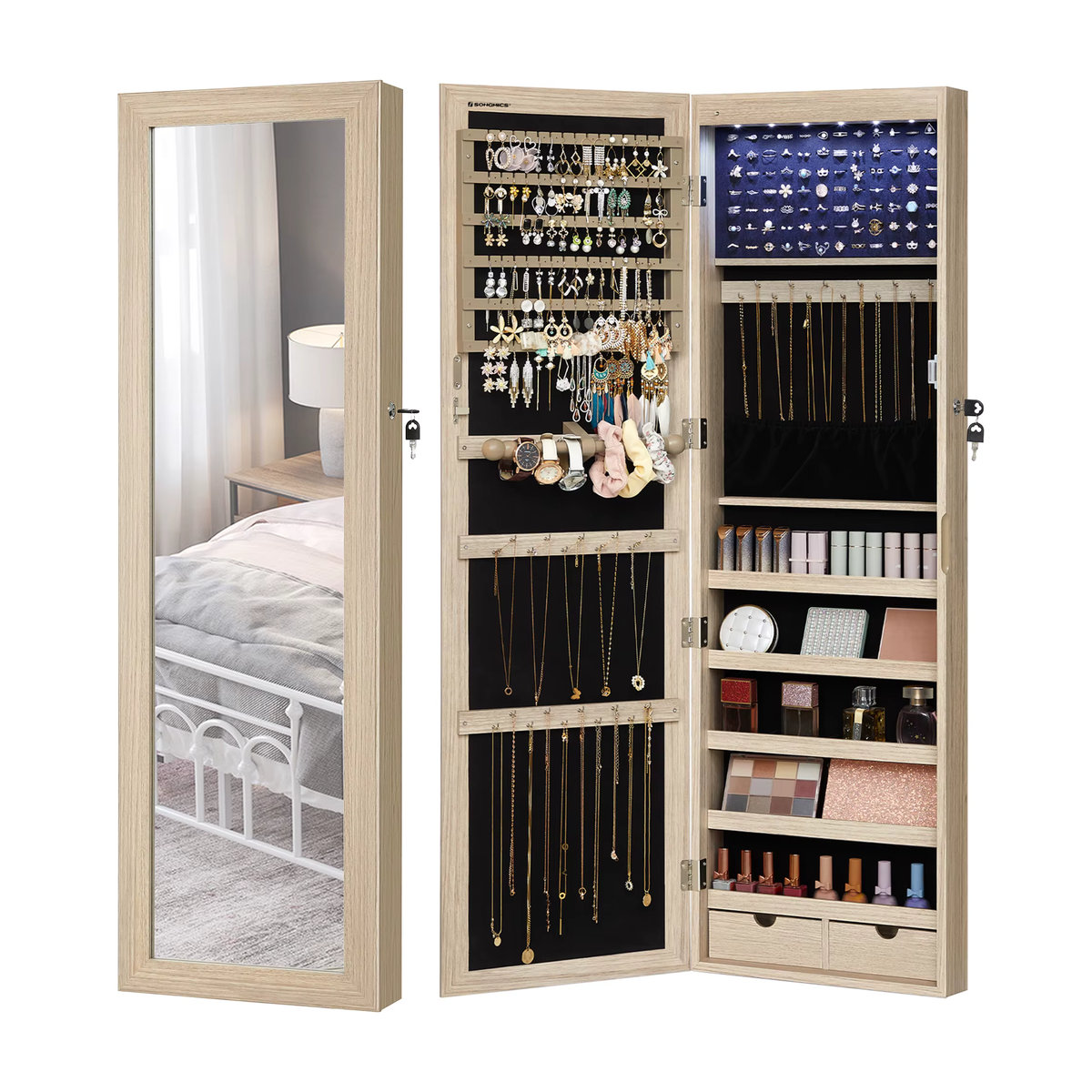 SONGMICS Schmuckschrank Spiegelschrank mit LED Beleuchtung und Schloss in Hellgelb - Bild 2