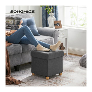 SONGMICS Sitzhocker als Sitzwürfel und Aufbewahrungsbox in Grau mit Holzfüßen und Deckel, B/T/H: 40 x 40 x 38 cm