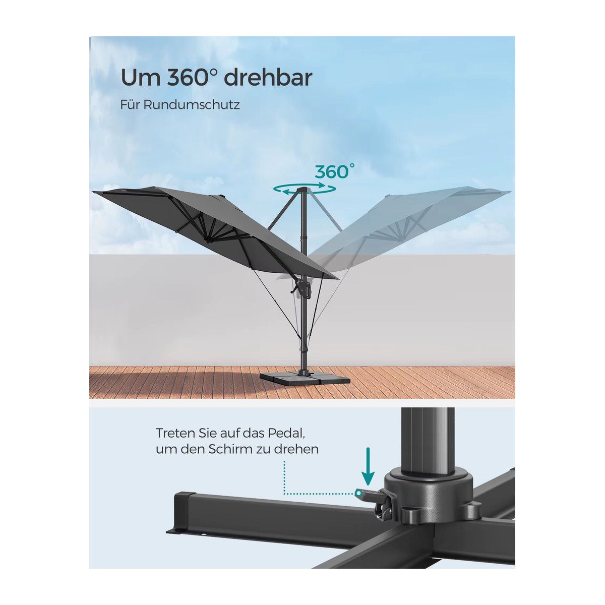 SONGMICS Sonnenschirm Rauchgrau mit Ständer und Befestigungsgurten, 360 Grad drehbar, UPF 50+ - Bild 2