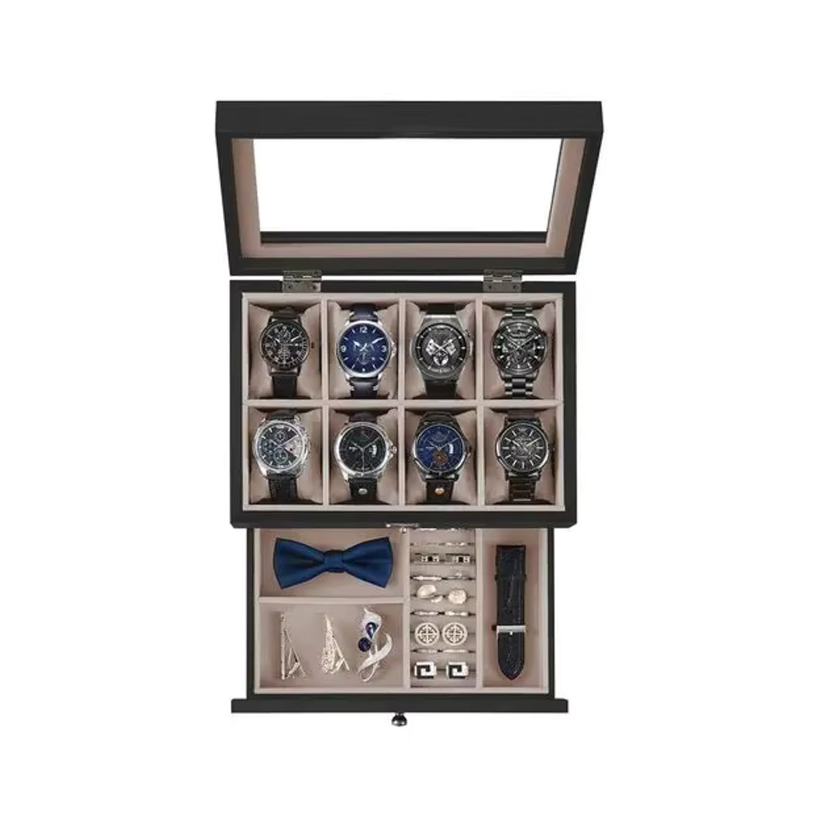 SONGMICS Uhrenbox aus Massivholz mit Glasdeckel und 12 Fächern, Braun - Bild 1