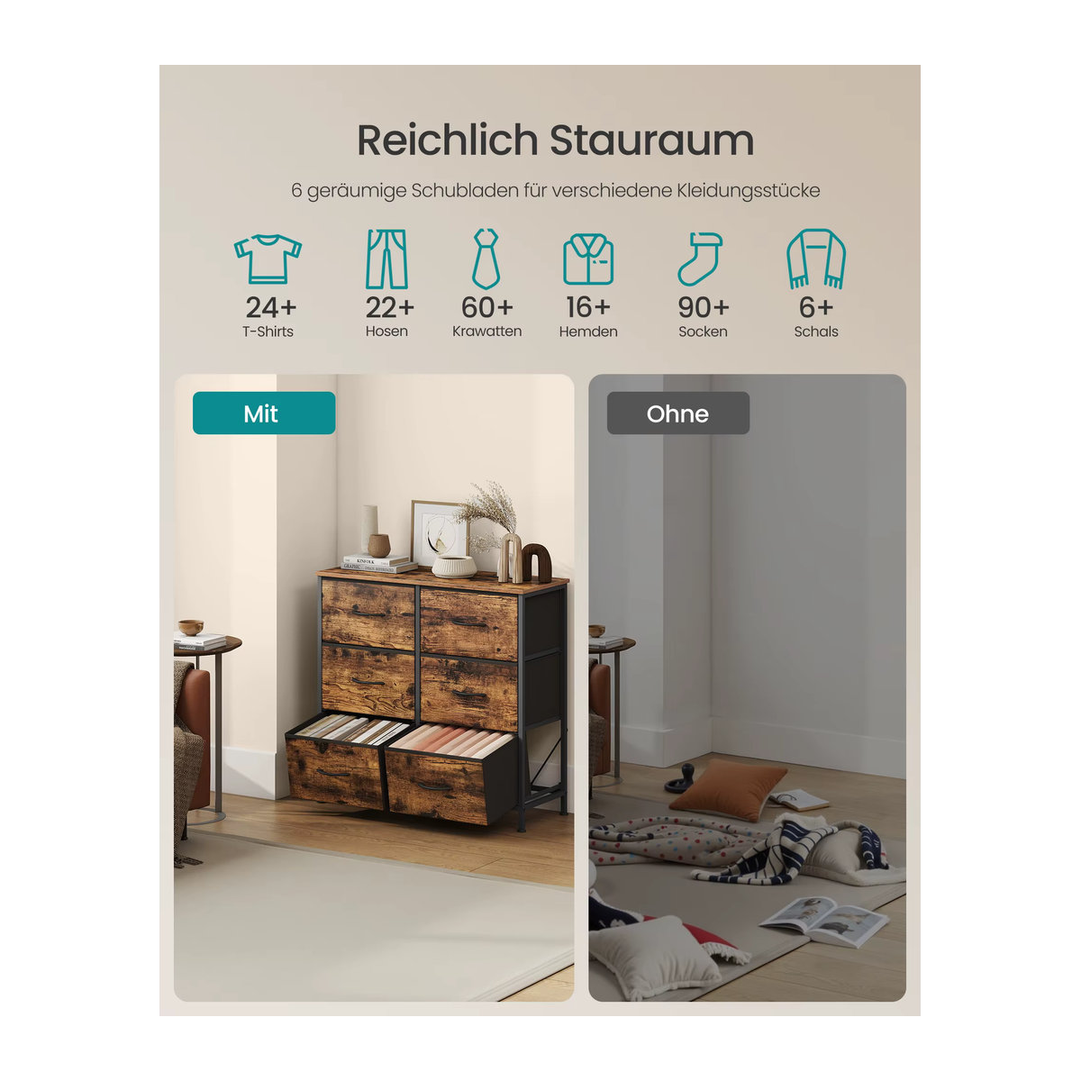 SONGMICS Wäschekommode im Industrial Design mit 6 Stoffschubladen aus Stahl und Holzwerkstoff in Schwarz und Nussbaum - Bild 1
