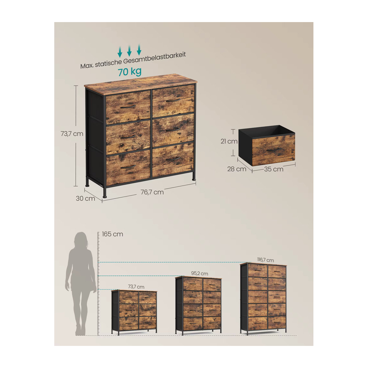 SONGMICS Wäschekommode im Industrial Design mit 6 Stoffschubladen aus Stahl und Holzwerkstoff in Schwarz und Nussbaum - Bild 3