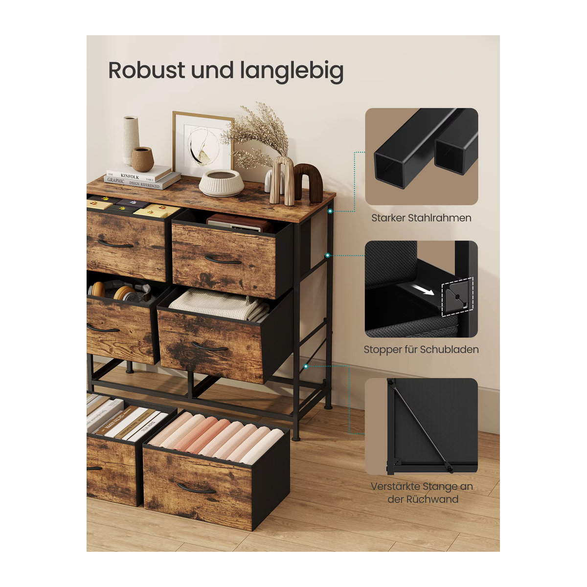 SONGMICS Wäschekommode im Industrial Design mit 6 Stoffschubladen aus Stahl und Holzwerkstoff in Schwarz und Nussbaum - Bild 4