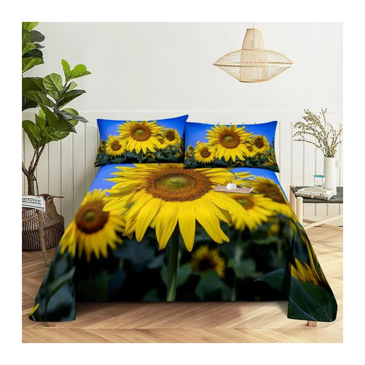 Sonnenblumen Bettwäsche-Set mit Bettlaken und Kissenbezügen in 3D-Optik, weich, Breite: 110 cm, Länge: 230 cm - Bild 1