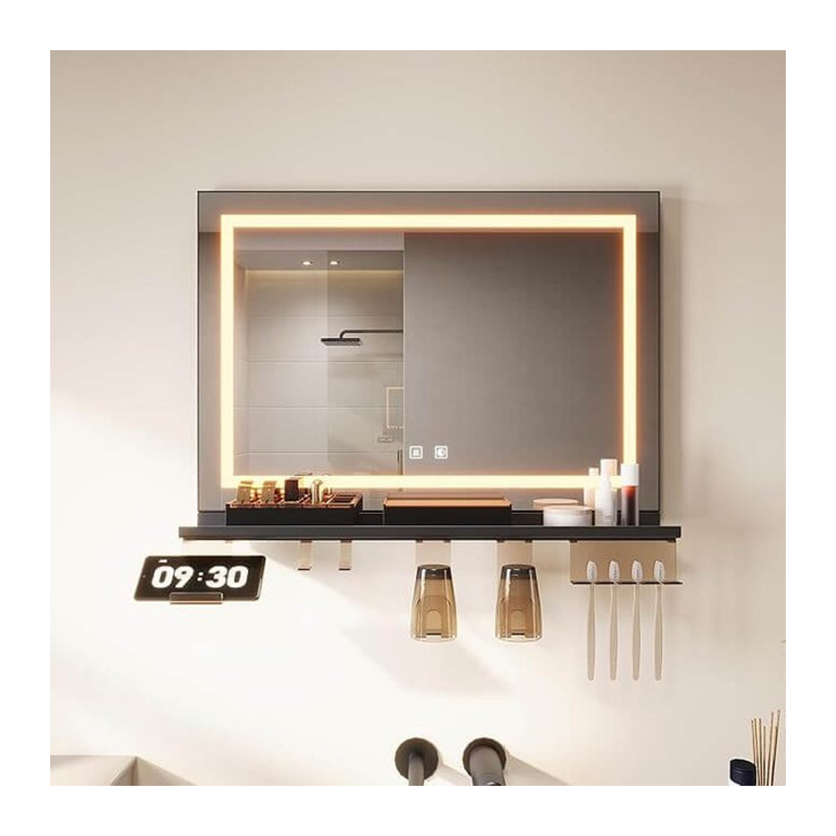 SONNI Badspiegel mit Beleuchtung und Ablage, rechteckiger Wandspiegel mit Touch-Funktion, 3 Lichtfarben, Anti-Beschlag und Gedächtnisfunktion, B/H: 70 x 50 cm - Bild 1