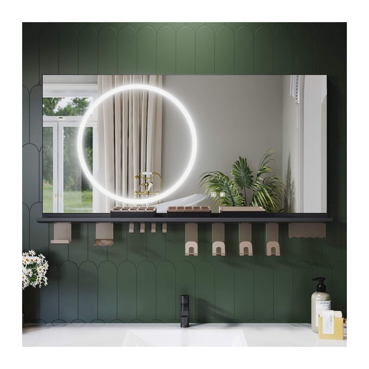 SONNI LED Badezimmerspiegel mit Beleuchtung und Ablage, rechteckiger Wandspiegel mit Anti-Beschlag, Touchschalter und Handyhalter, B/H: 120 x 60 cm - Bild 1
