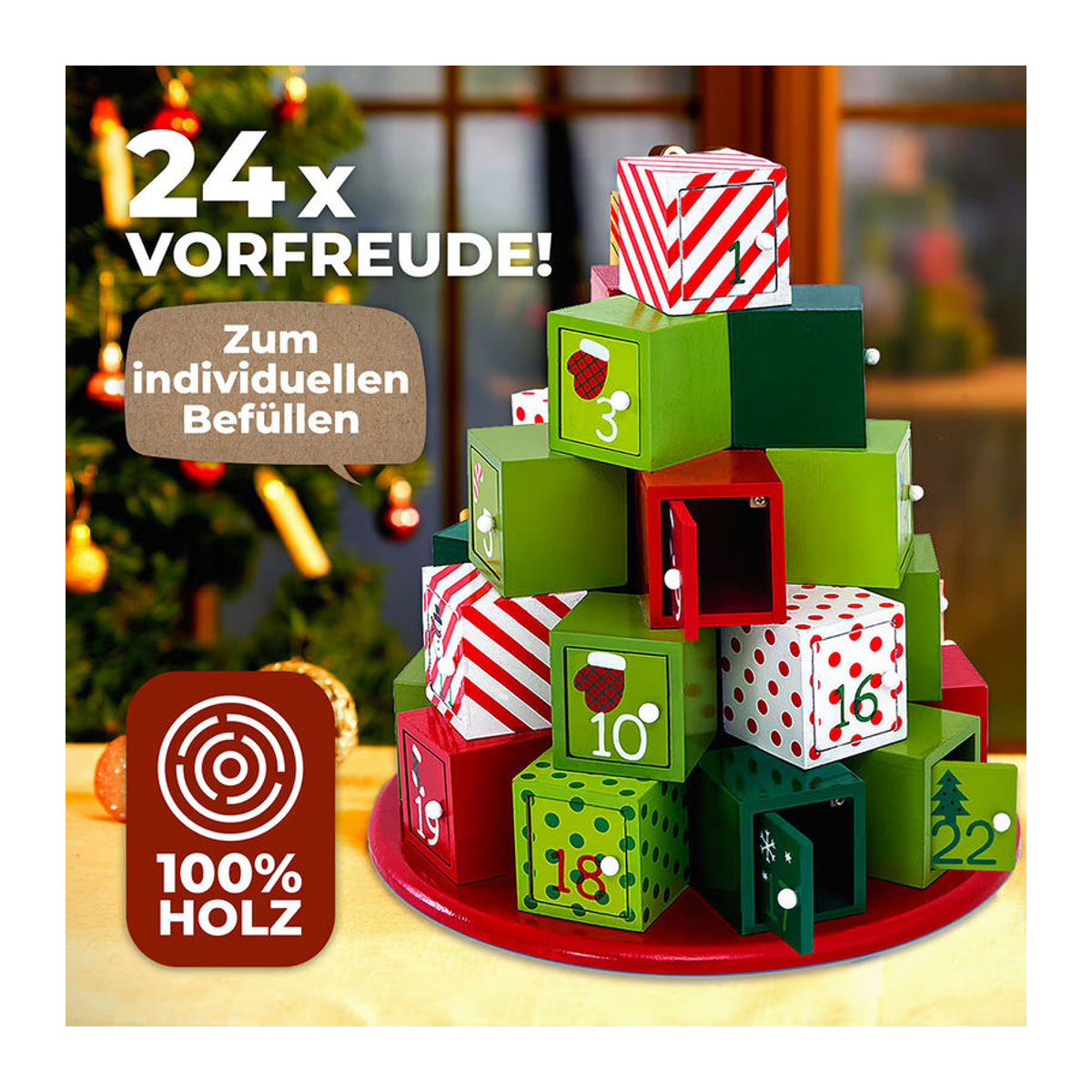 Spielwerk® Adventskalender aus Holz rund mit 24 Türchen, mehrfarbig und nachhaltig zum Selbstbefüllen - Bild 2