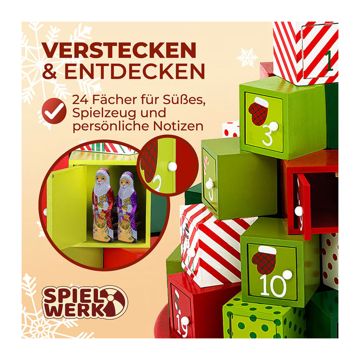 Spielwerk® Adventskalender aus Holz rund mit 24 Türchen, mehrfarbig und nachhaltig zum Selbstbefüllen - Bild 3