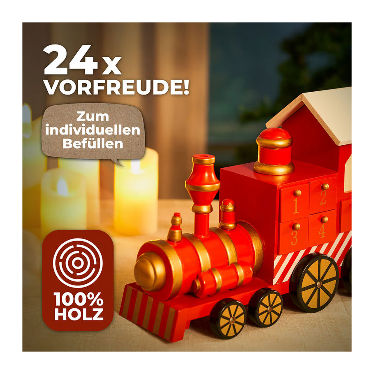Spielwerk Adventskalender Lokomotive aus Holz in Rot und Mehrfarbig - Bild 2
