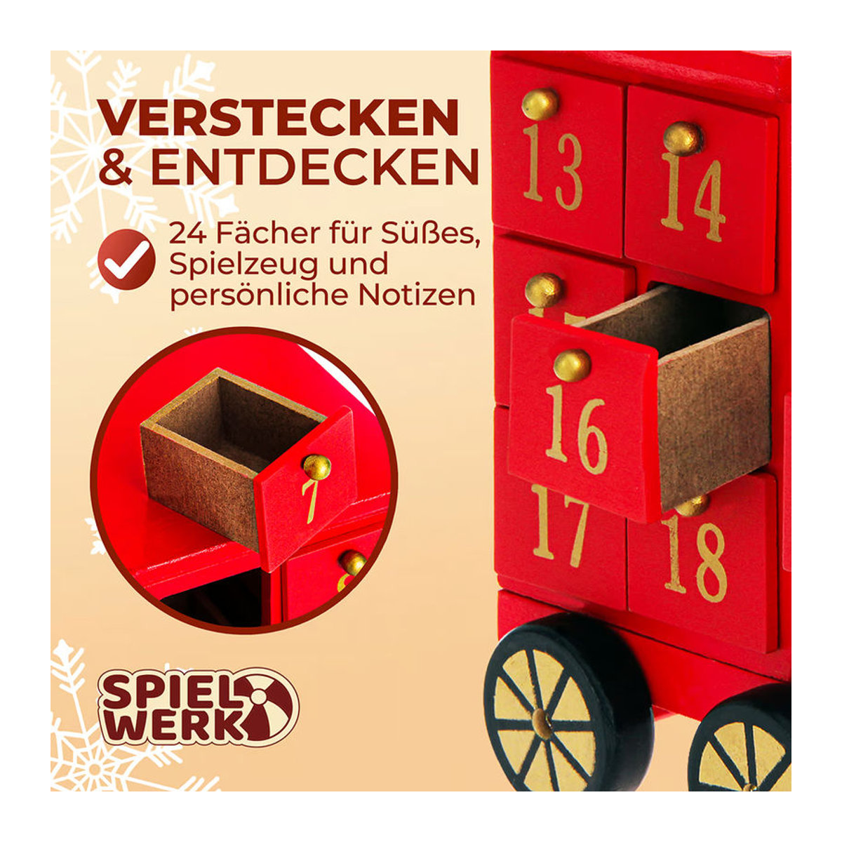 Spielwerk Adventskalender Lokomotive aus Holz in Rot und Mehrfarbig - Bild 3