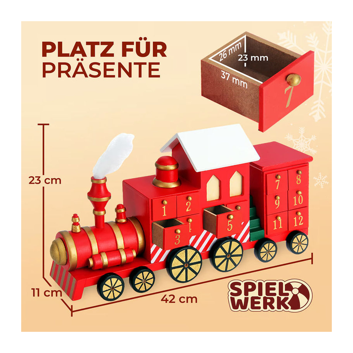 Spielwerk Adventskalender Lokomotive aus Holz in Rot und Mehrfarbig - Bild 5