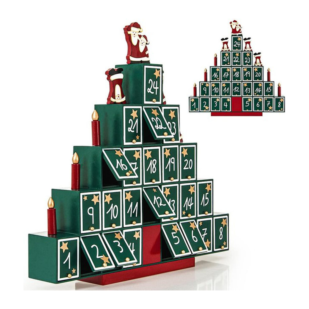 Spielwerk Adventskalender Weihnachtsbaum aus Holz in Braun und Grün mit Weihnachtsmann und Sternen im skandinavischen Design - Bild 1