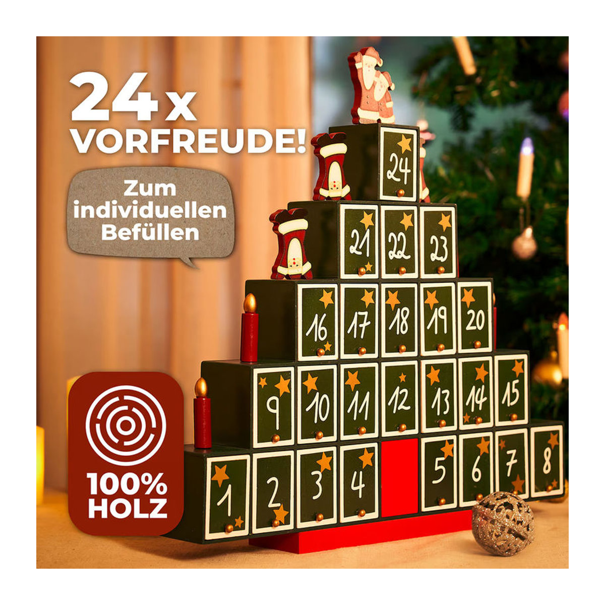 Spielwerk Adventskalender Weihnachtsbaum aus Holz in Braun und Grün mit Weihnachtsmann und Sternen im skandinavischen Design - Bild 2