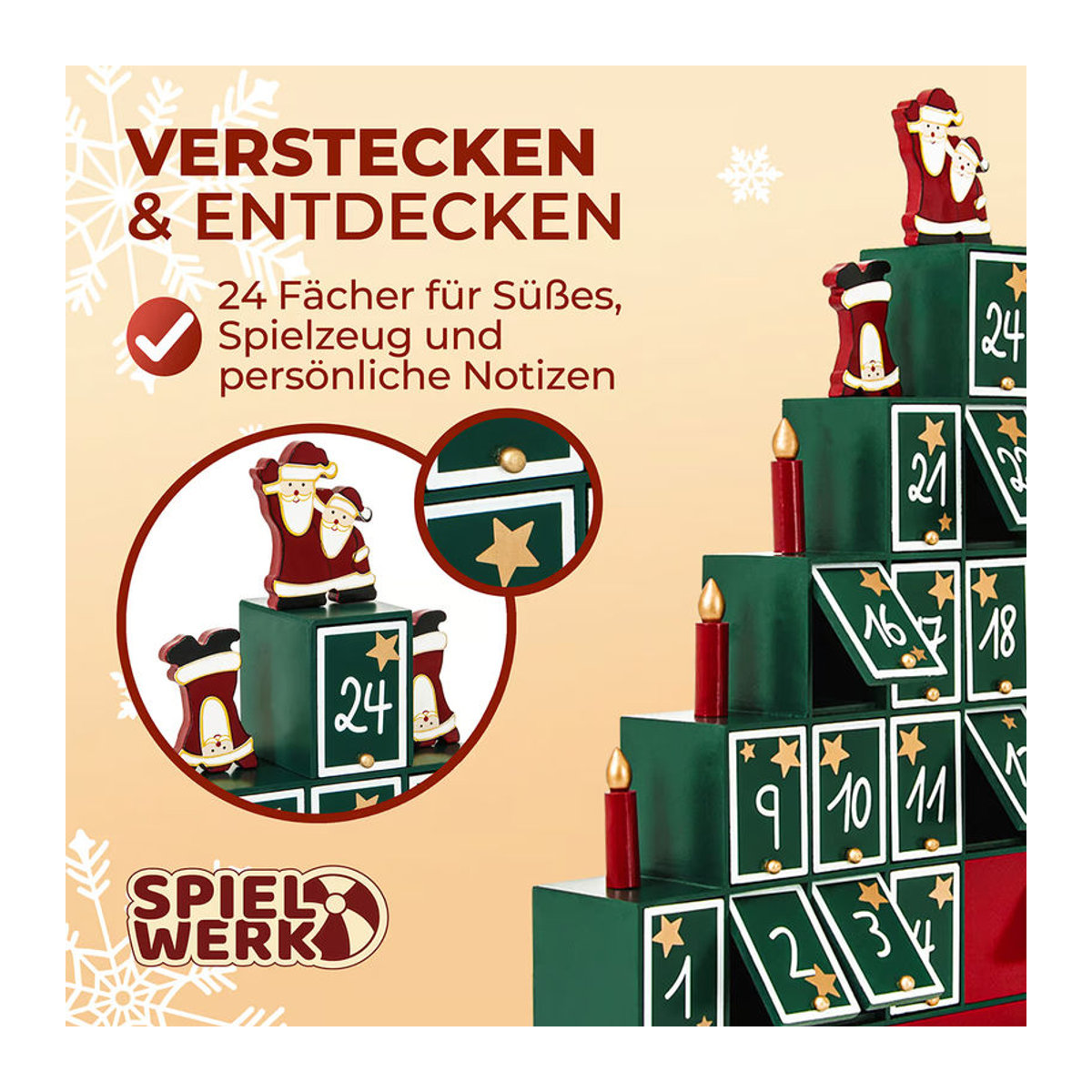 Spielwerk Adventskalender Weihnachtsbaum aus Holz in Braun und Grün mit Weihnachtsmann und Sternen im skandinavischen Design - Bild 3